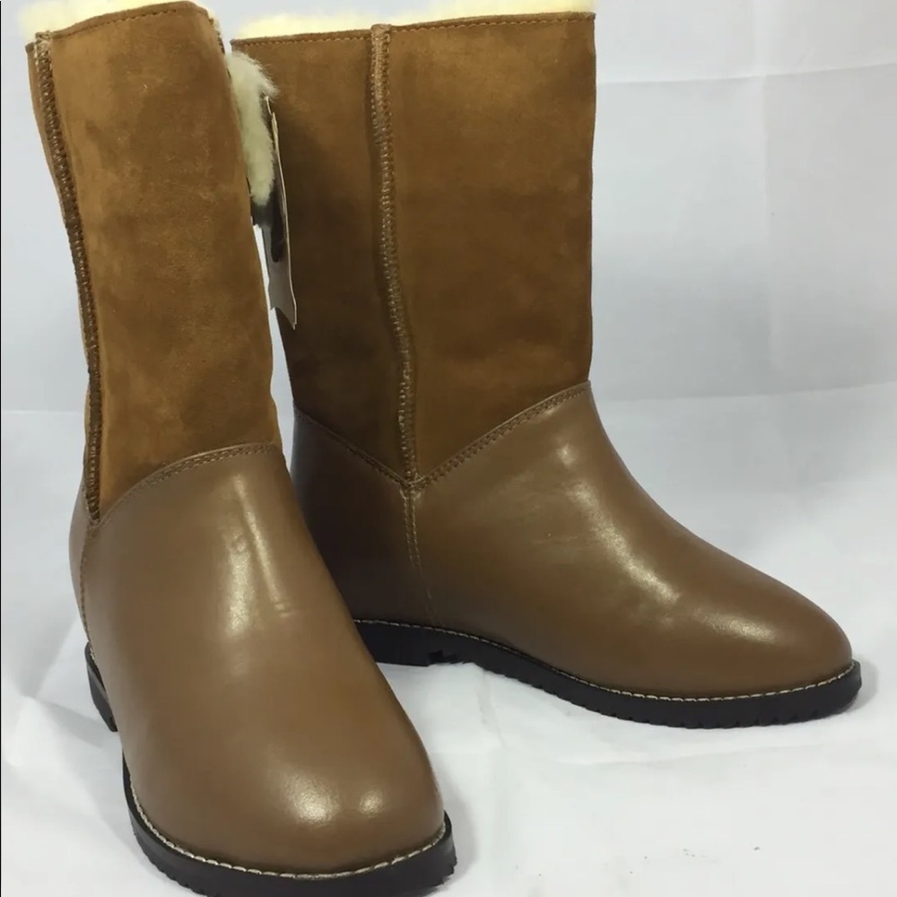 New AUABP Australia Women Brown Hidden Wedge Boots  Leather Sheep Fur Lining 6